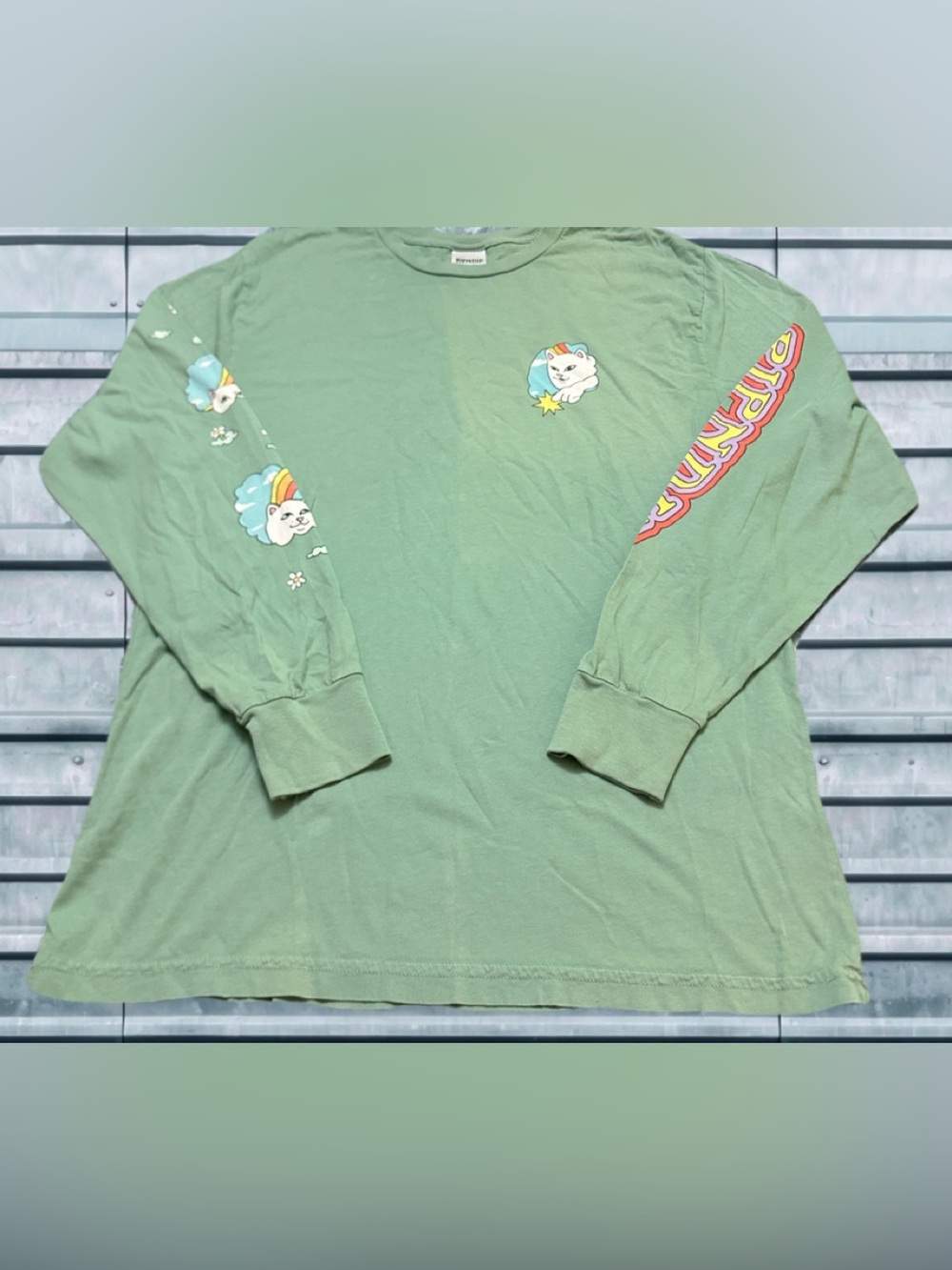 Ripndip Pastel Green Long Sleeve Tee with Cat & Rainbow Graphics M